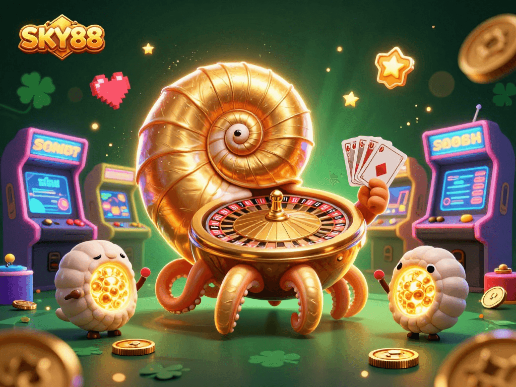 Experience the thrill of winning at SKY88 with vibrant casino elements and dynamic 3D characters.