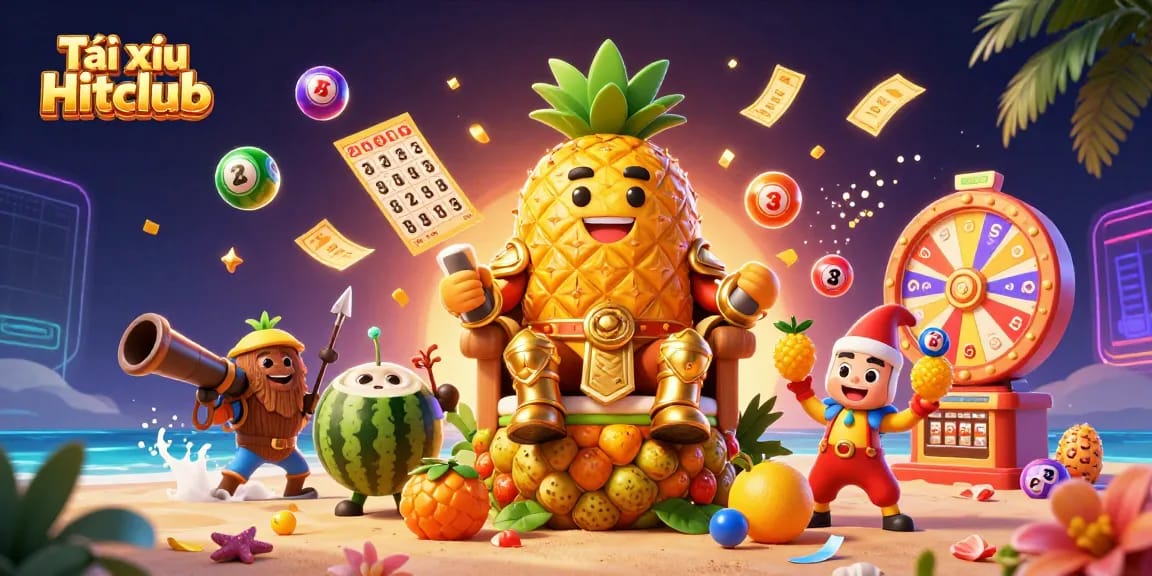 Tài xỉu Hitclub: Experience thrilling gameplay with a golden pineapple king and dynamic lottery elements.