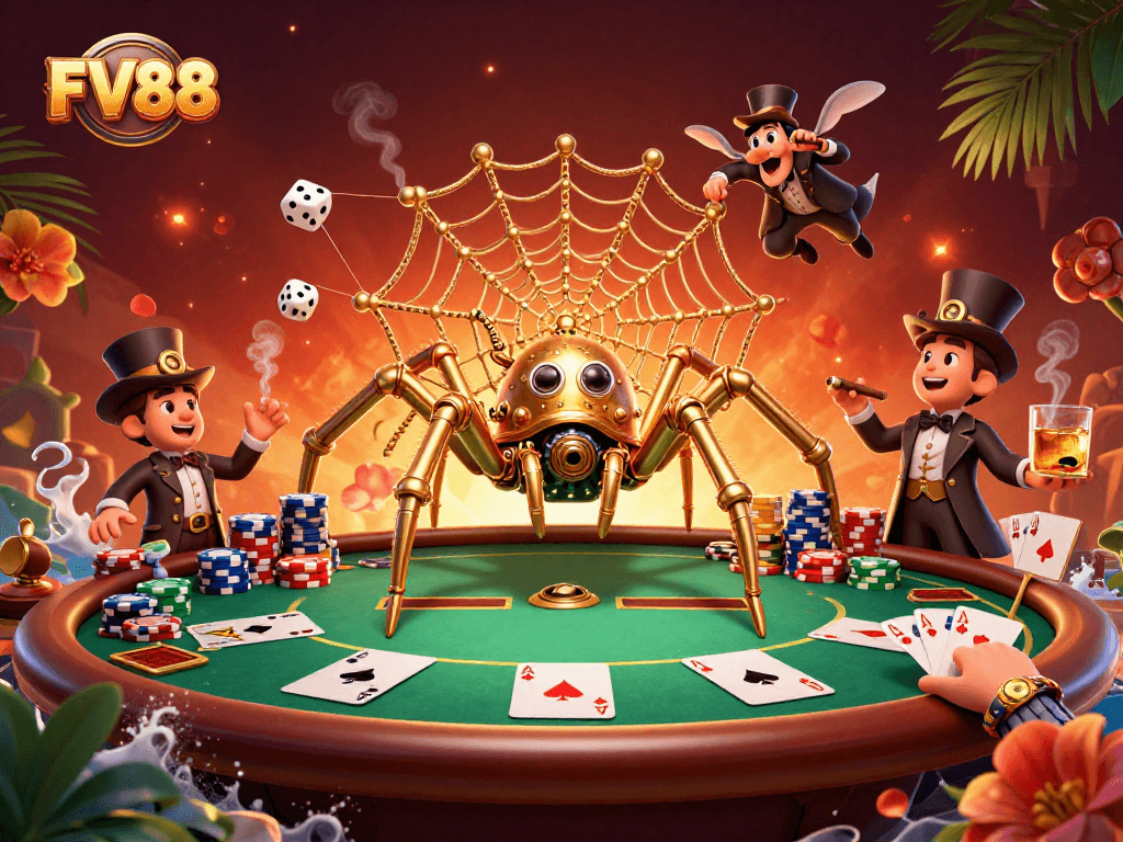 Experience the excitement of FV88 with an intricate casino-themed scene featuring a steampunk spider and dynamic poker elements.