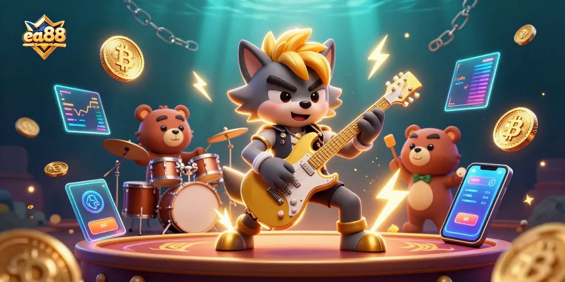 Experience winning at ea88 with vibrant 3D casino characters, crypto coins, and lively gaming elements.