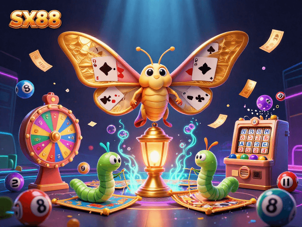 SX88 engages players with vibrant lottery elements and a stunning golden moth in an online casino scene.