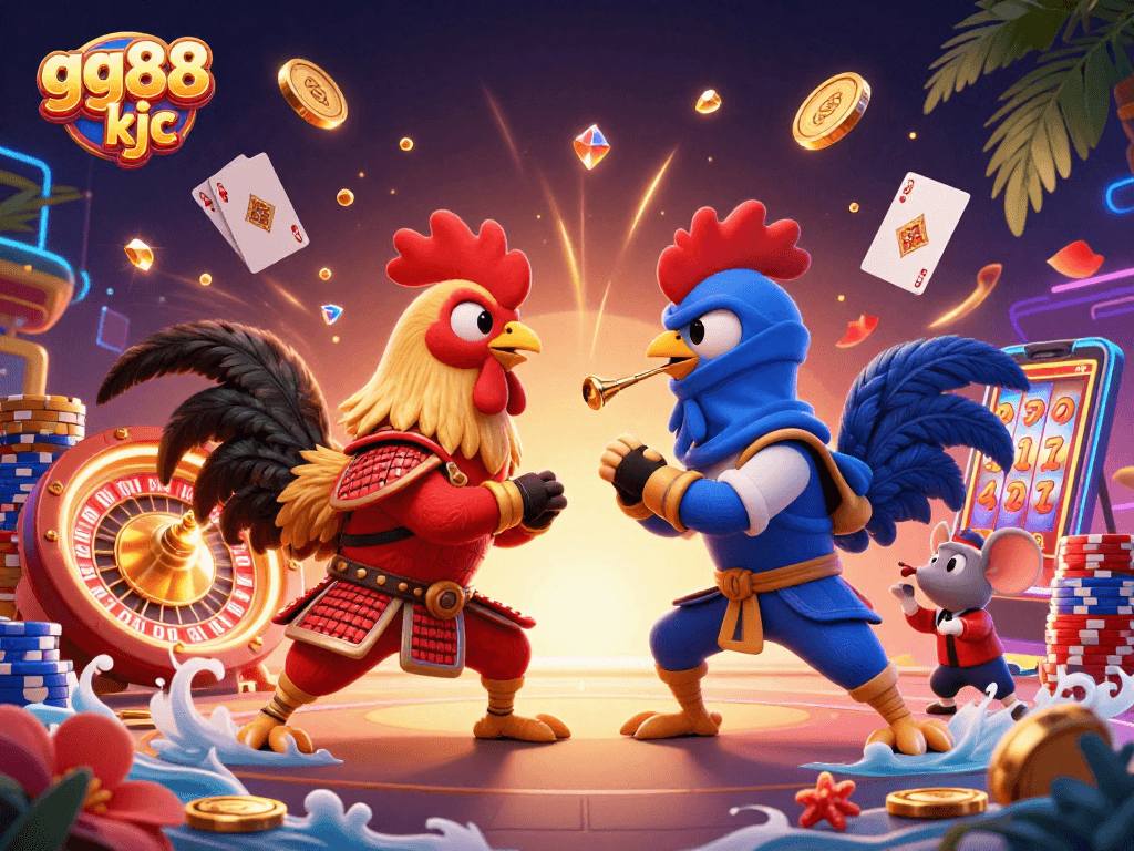 Bet on exciting action with gg88 kjc featuring twin roosters in a fierce duel amidst dynamic casino elements.