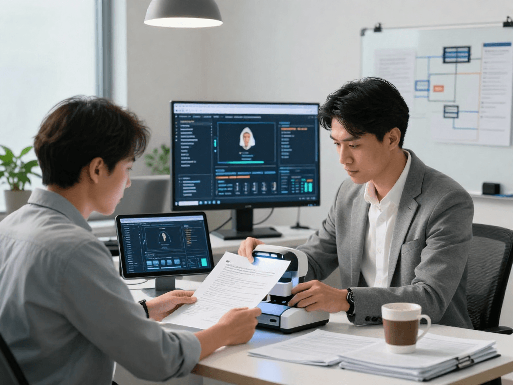 Engaged analyst performing document fraud detection in a modern office with UV light scanner and digital tools.