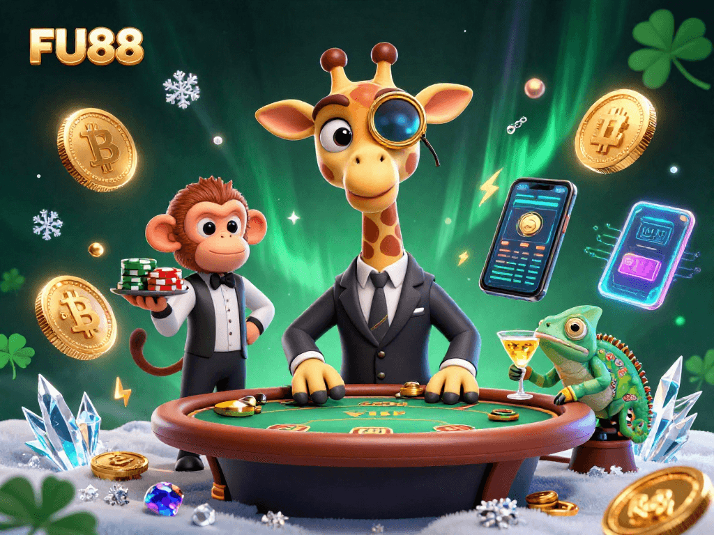 Experience big wins with FU88 at a vibrant casino scene featuring a high-roller giraffe and monkey valet.