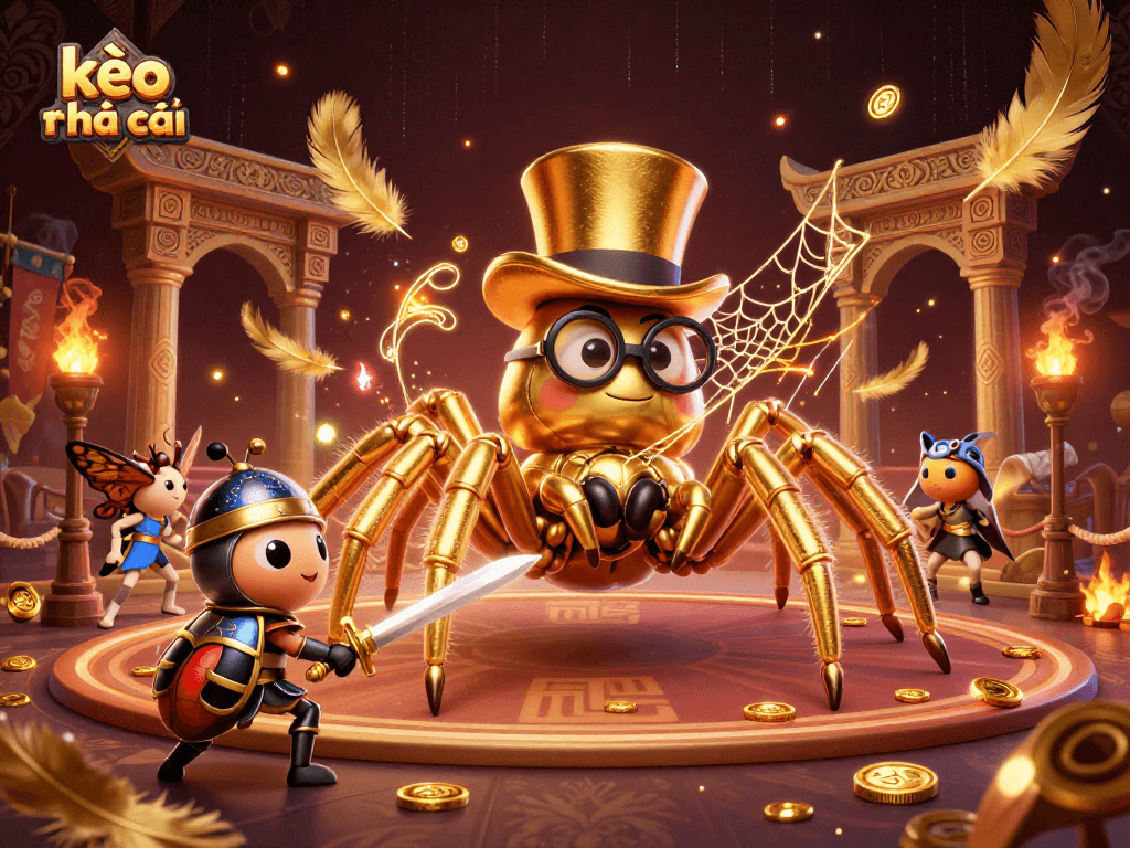 Engage with thrilling kèo nhà cái moments, featuring a golden tarantula and a beetle knight in an exciting casino setting.