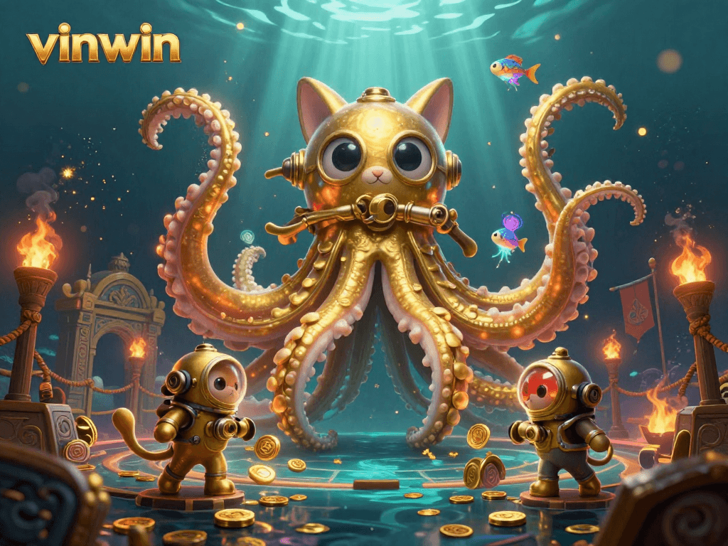 Experience vinwin excitement with a colossal kraken and vintage diving cat in a treasure-filled scene.