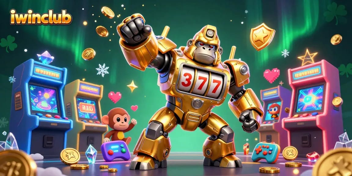 Win big at iwinclub with a vibrant 3D casino scene showcasing action-packed slots and gaming elements.