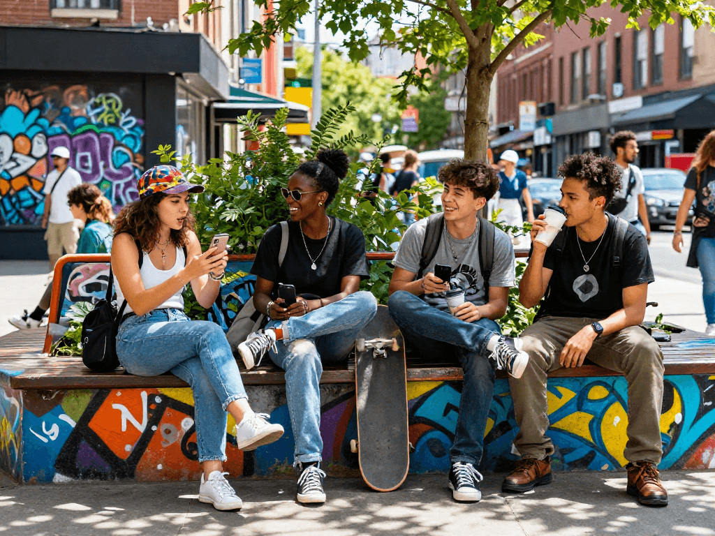 Young friends enjoying urban lifestyle moments together, discussing NSFW topics in a vibrant city setting.