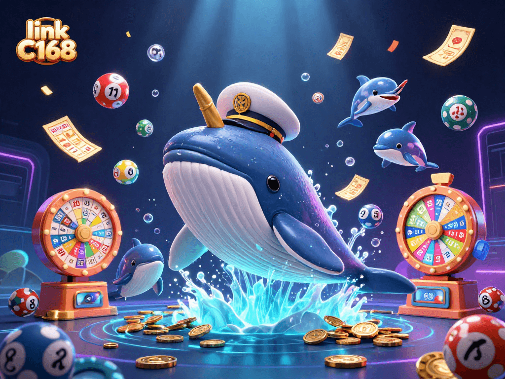 Engage with the dynamic lottery scene featuring link C168 as a whale bursts through coins, showcasing vibrant gaming elements.