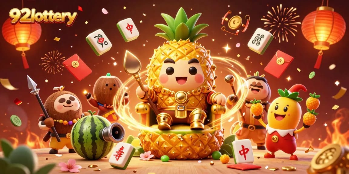 92lottery brings excitement to the casino experience with a vibrant, festive illustration showcasing a golden pineapple king and beach-themed elements.