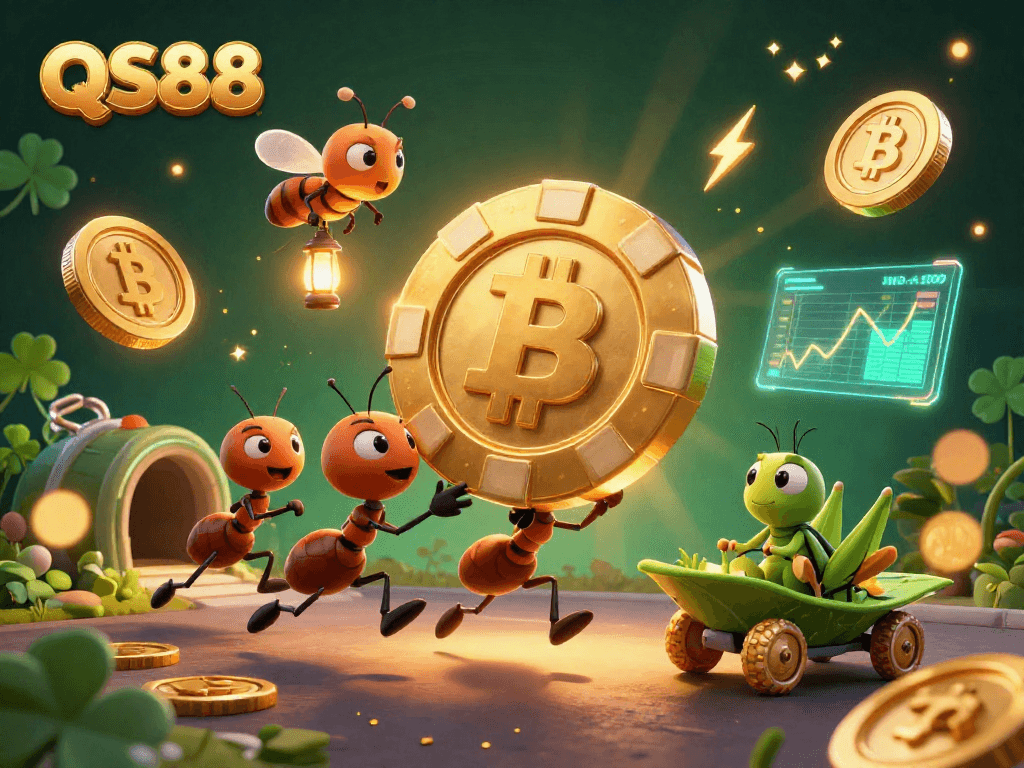 Experience the thrill of QS88 with a whimsical team of ants executing a heist in this vibrant casino illustration.