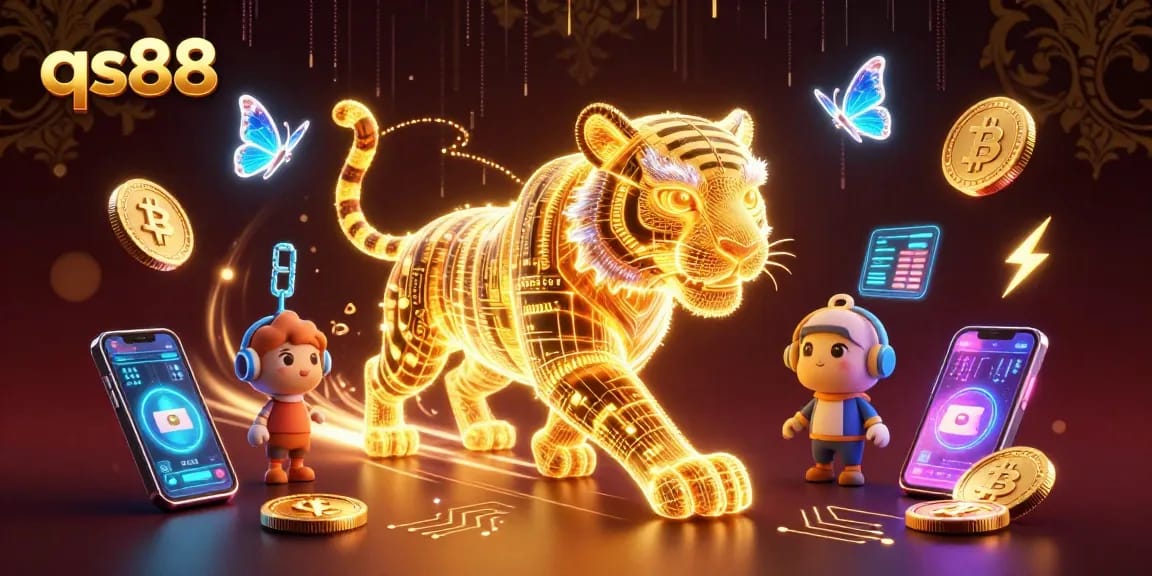 Experience the thrilling world of qs88 with a neon-wireframe tiger in a vibrant casino environment.