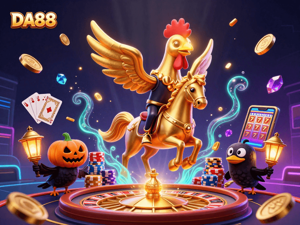 Engage with DA88's vibrant casino image showcasing dynamic games and golden winnings.