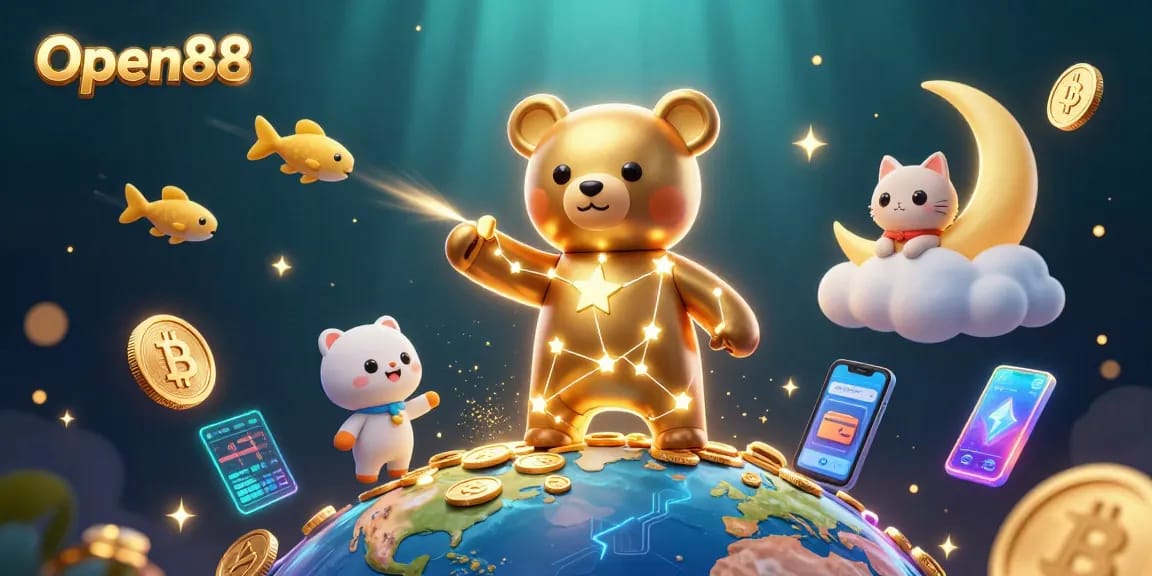 Experience winning gameplay with Open88's vibrant casino illustration featuring cosmic characters.