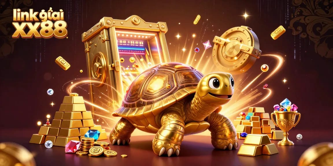 Engage with a vibrant scene showcasing the link vào xx88 casino featuring a golden tortoise pinball and treasure vaults.