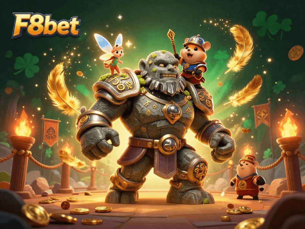 Engage in strategy-rich F8bet action with a lively 3D casino scene featuring a guardian golem.