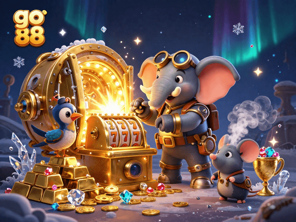 Play go 88 slot machines in a vibrant illustrated casino scene with treasures and characters.