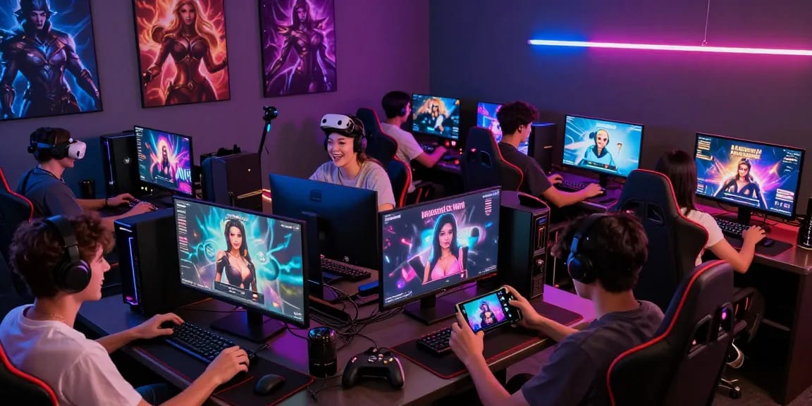 Enjoy diverse gamers playing sex games online in a vibrant gaming lounge.