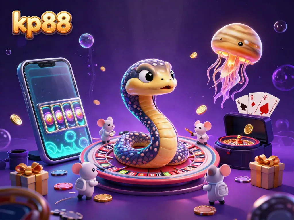 Experience kp 88 with cosmic characters spinning a roulette wheel, featuring vibrant slot games and golden coins.