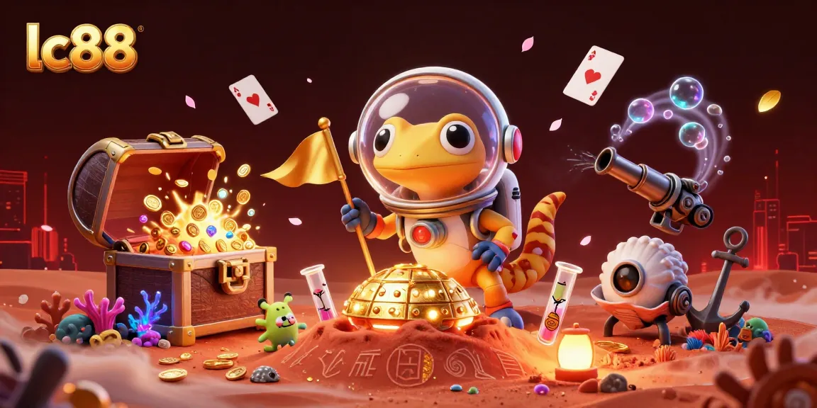 Experience the exciting world of lc88 casino with a Martian gecko discovering treasures amidst vibrant decor.
