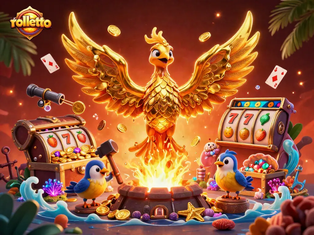 Win big at rolletto with a vibrant golden phoenix and casino elements in an exciting 3D scene.