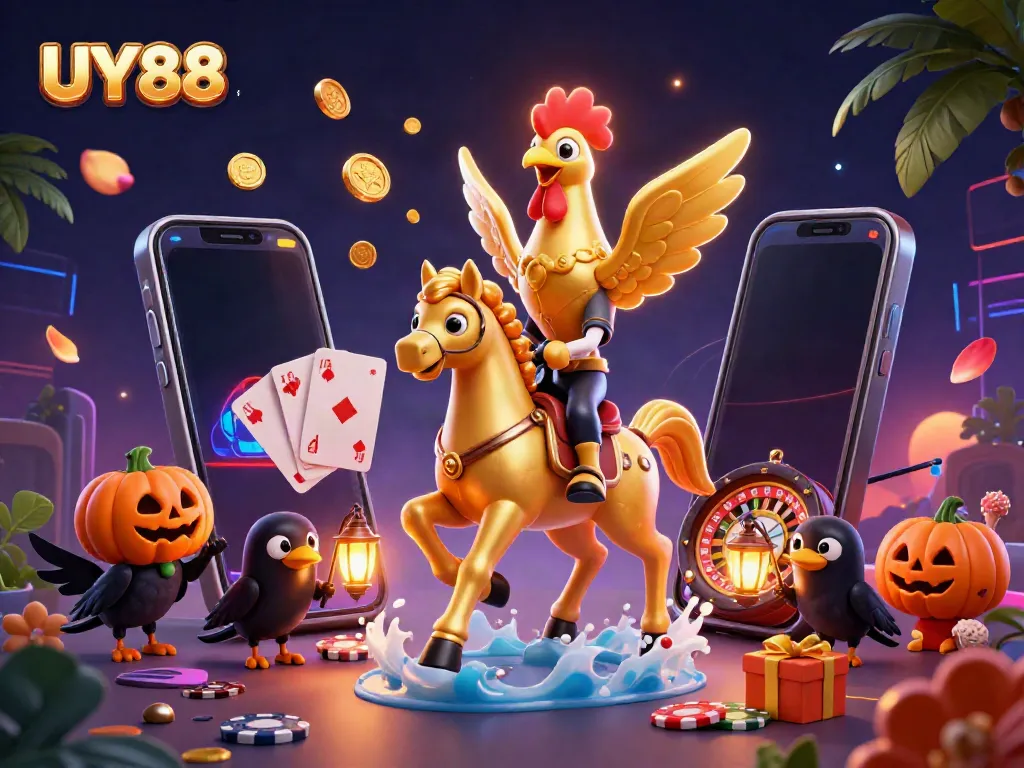 Experience thrilling gaming at UY88, featuring a golden rooster headless horseman in a vibrant casino scene.