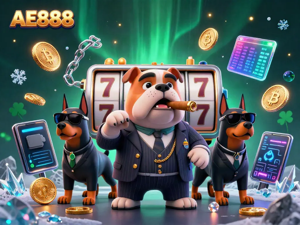 Engage with AE888's thrilling casino experience featuring a bulldog mafia boss and Doberman bodyguards amidst vibrant slot reels and crypto elements.