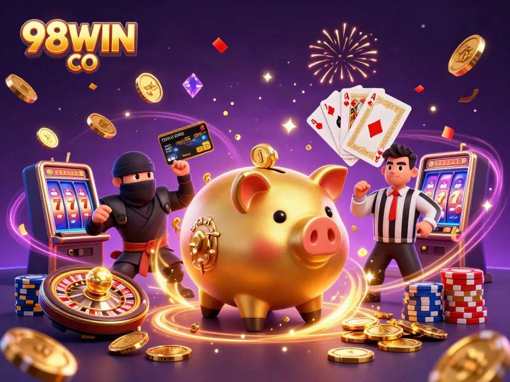 Engage with exciting gameplay at 98WIN CO, featuring dynamic casino elements and colorful characters.