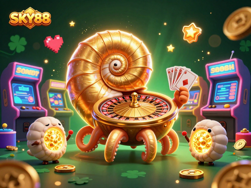 Experience the thrill of winning at SKY88 with vibrant casino elements and dynamic 3D characters.