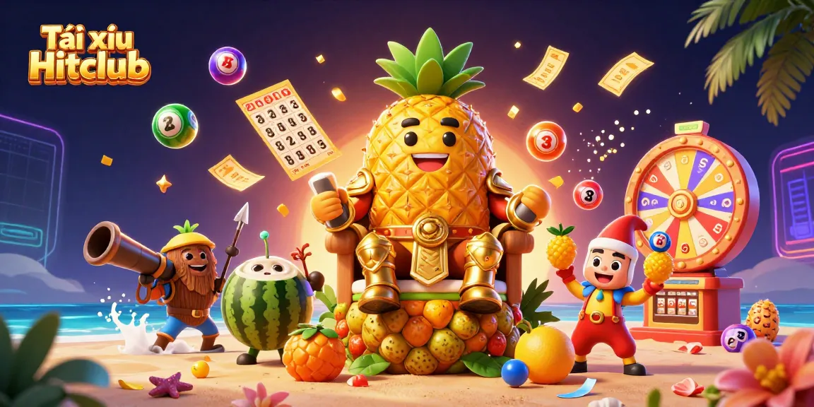 Tài xỉu Hitclub: Experience thrilling gameplay with a golden pineapple king and dynamic lottery elements.