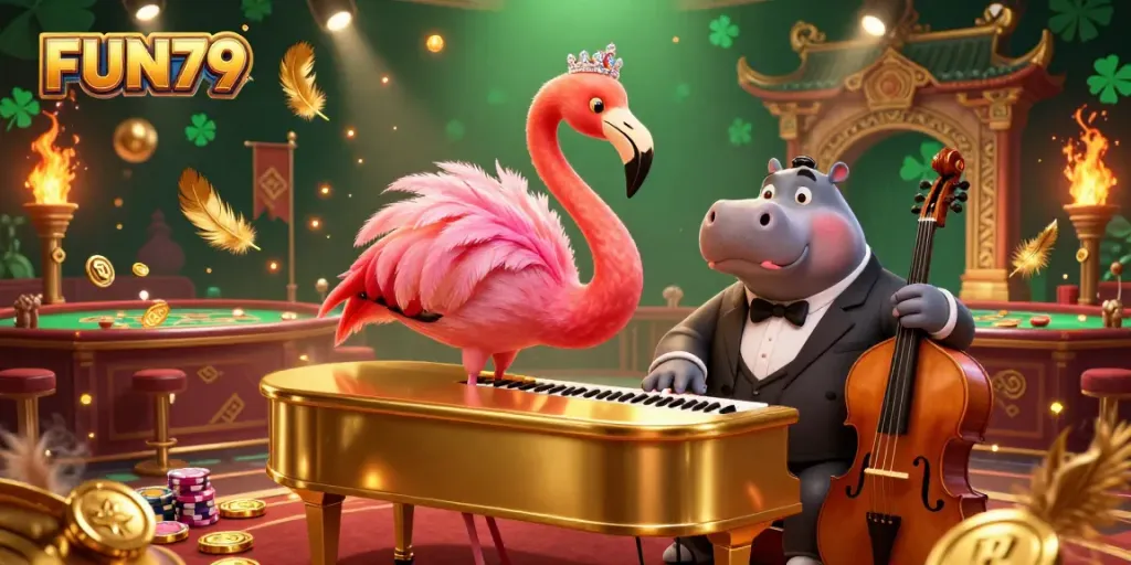 Experience the excitement of FUN79 casino with a lively flamingo singer and jazz elements.