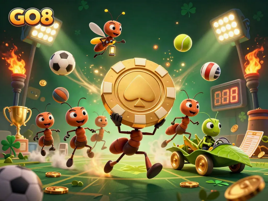 GO8 ants navigating a casino heist with giant poker chip, dynamic gaming elements scattered around.
