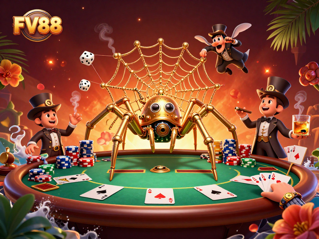 Experience the excitement of FV88 with an intricate casino-themed scene featuring a steampunk spider and dynamic poker elements.