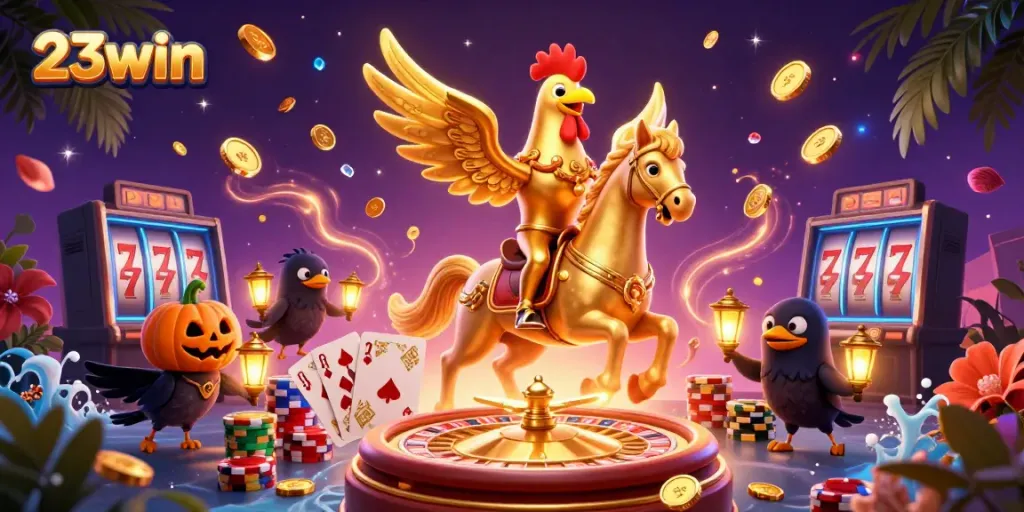 Experience the thrilling world of 23win casino with a golden rooster and vibrant gaming elements.