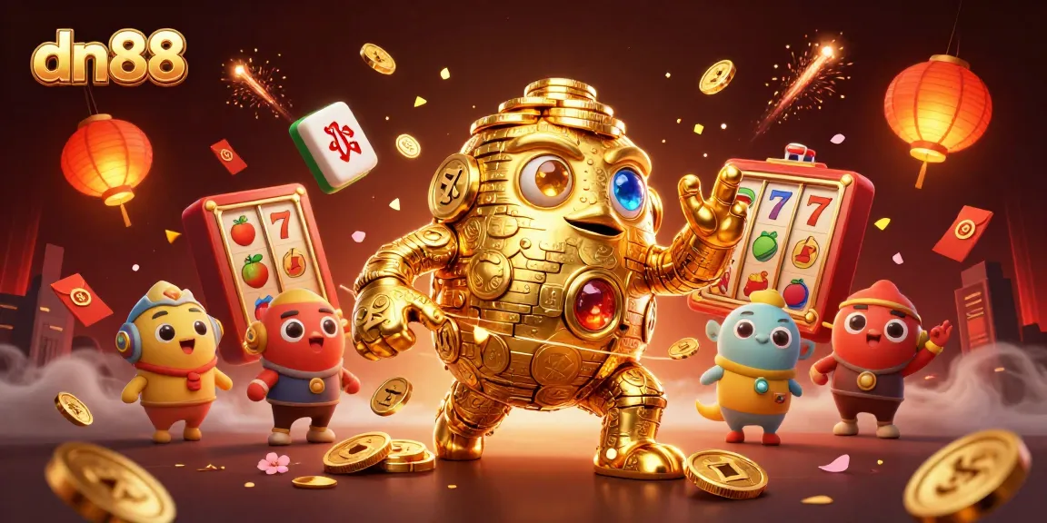 Engage with the exciting world of dn88 slots featuring a golden golem and vibrant gaming elements.