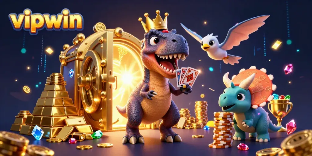 Engage in exciting gameplay with vipwin as a T-Rex and friends enjoy card games amidst gold treasures.