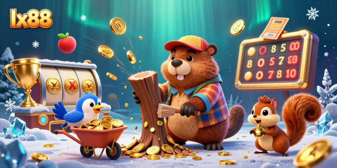 Experience the excitement of lx88 with a cartoon beaver in a dynamic casino scene collecting golden coins and symbols.