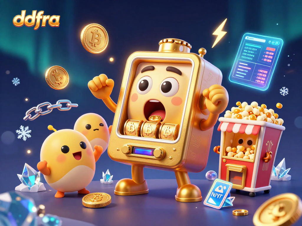 Engaging illustration of ddfra's vibrant golden slot machine celebrating a jackpot victory amidst cascading coins and cheering machines.