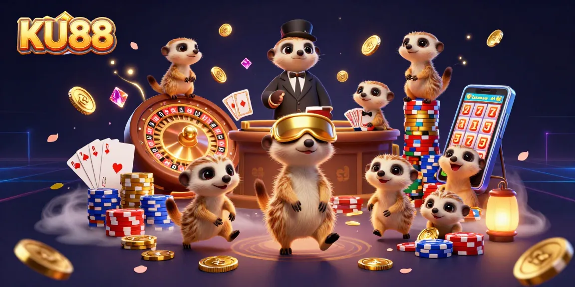 Engage with KU88's lively casino scene featuring meerkats amid golden coins and sparkling gems.
