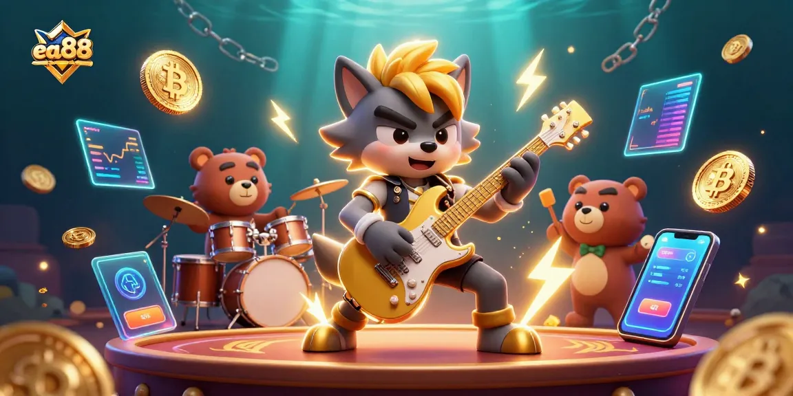 Experience winning at ea88 with vibrant 3D casino characters, crypto coins, and lively gaming elements.