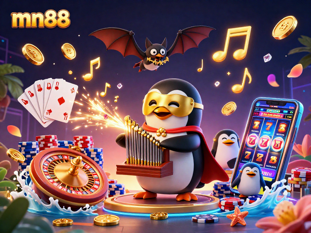 Experience the excitement of mn88 with a colorful 3D casino scene featuring a playful penguin and golden coins.
