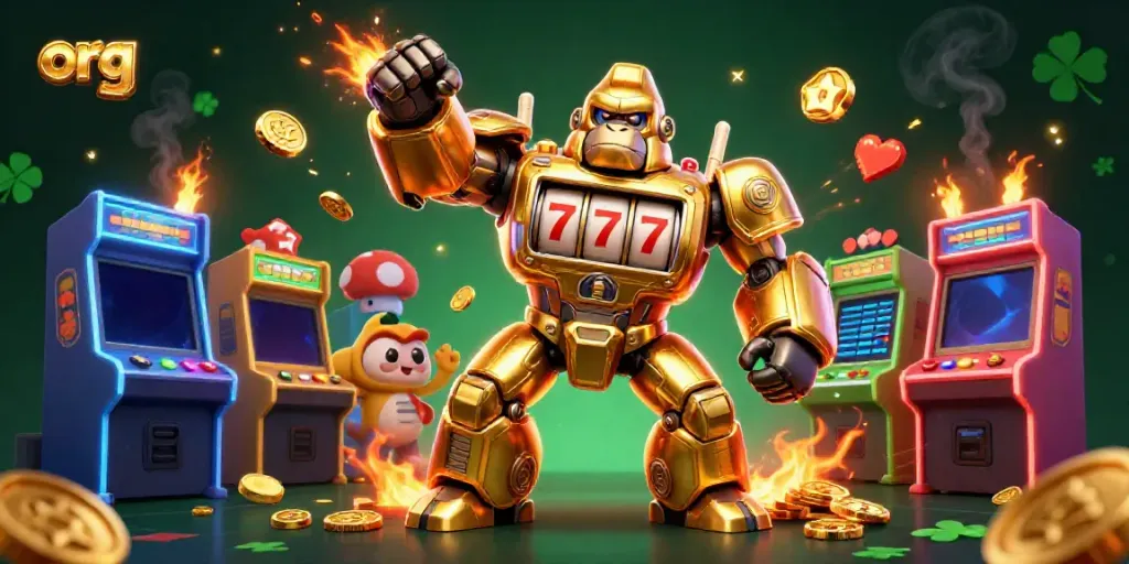 Experience high-stakes fun with org's golden gorilla mech and dynamic gaming elements.