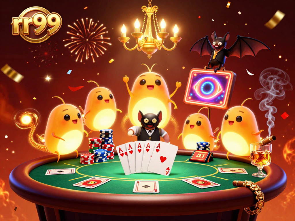 Join the vibrant rr99 casino scene with glowworms lighting up the poker table and bat dealer.
