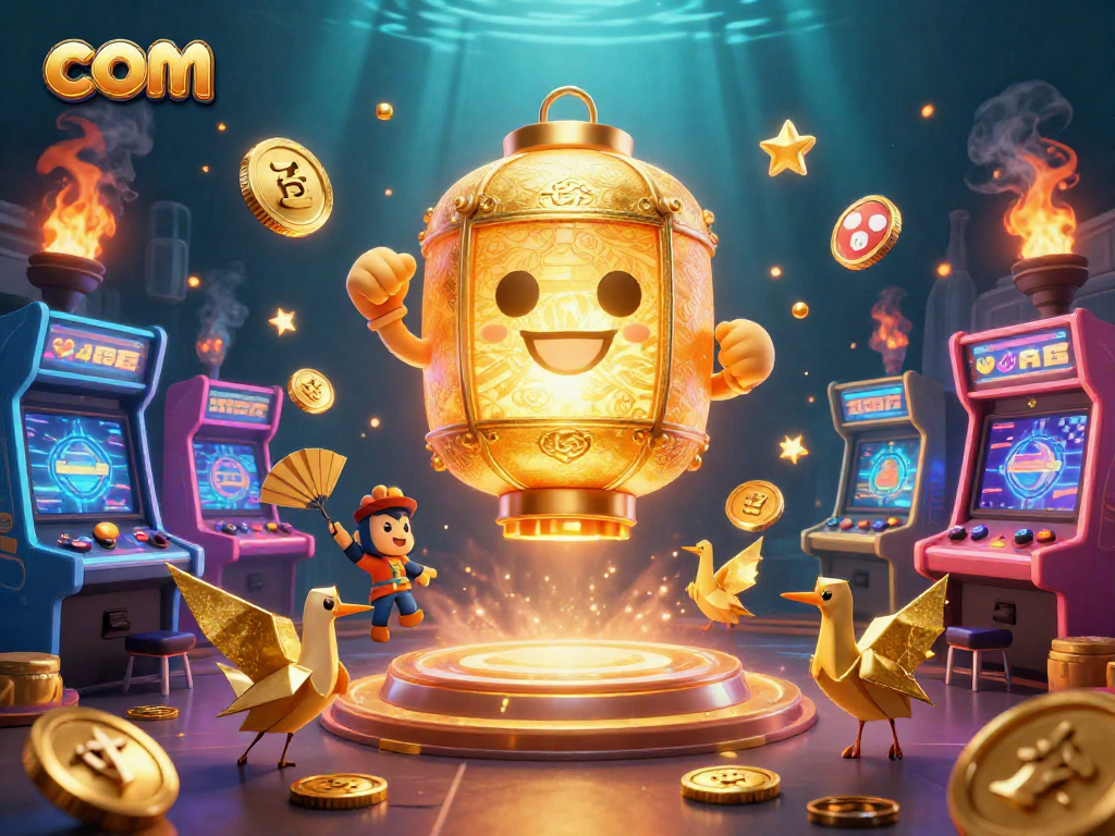 Experience thrilling gaming at com, featuring a golden lantern spirit illuminating a vibrant online casino scene.