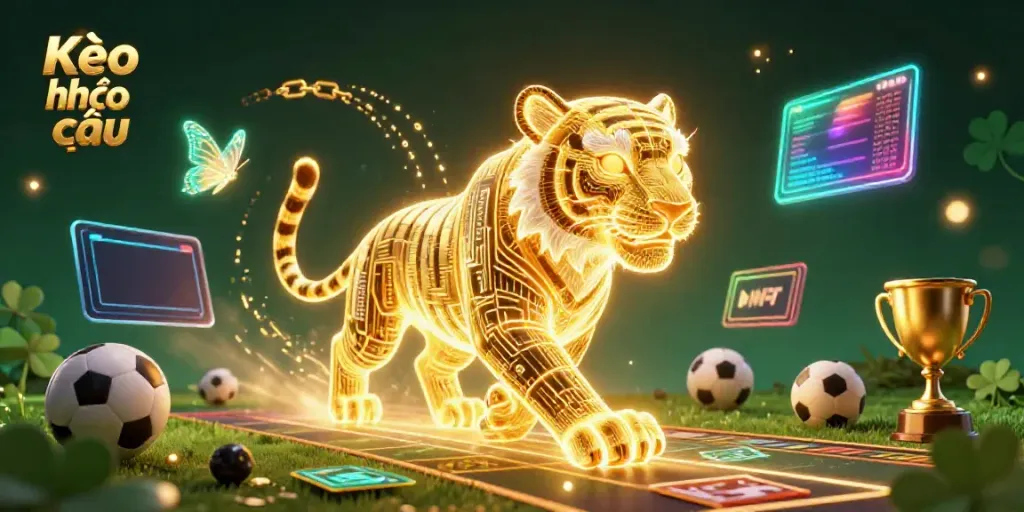 Engage with Kèo nhà cái through a vibrant sports betting scene showcasing a golden tiger and digital elements.