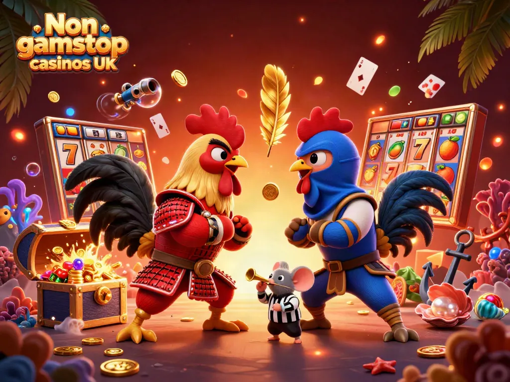 Experience excitement with Non gamstop casinos UK in this vibrant, engaging casino scene featuring dynamic characters and elements.