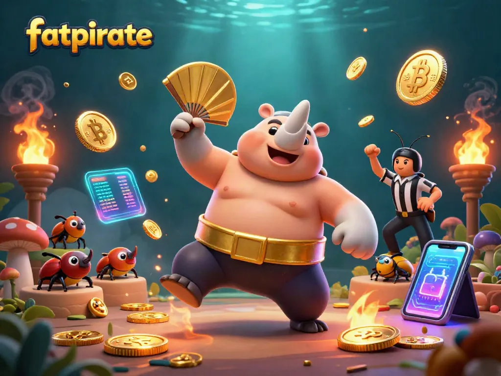 Engage in exciting gameplay with FatPirate, witnessing a beetle champion amidst glowing crypto coins and game elements.