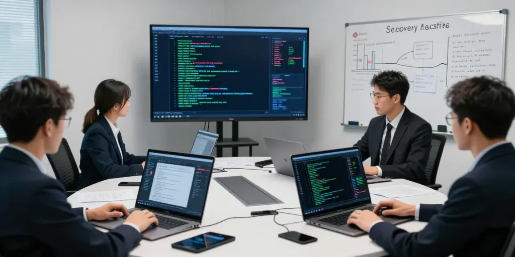 Crypto forensic investigators analyzing blockchain data and recovery strategies in a professional office.