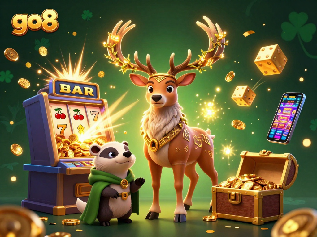 Experience thrilling gameplay at GO8 with dazzling slots and jackpots in a vibrant 3D illustration.