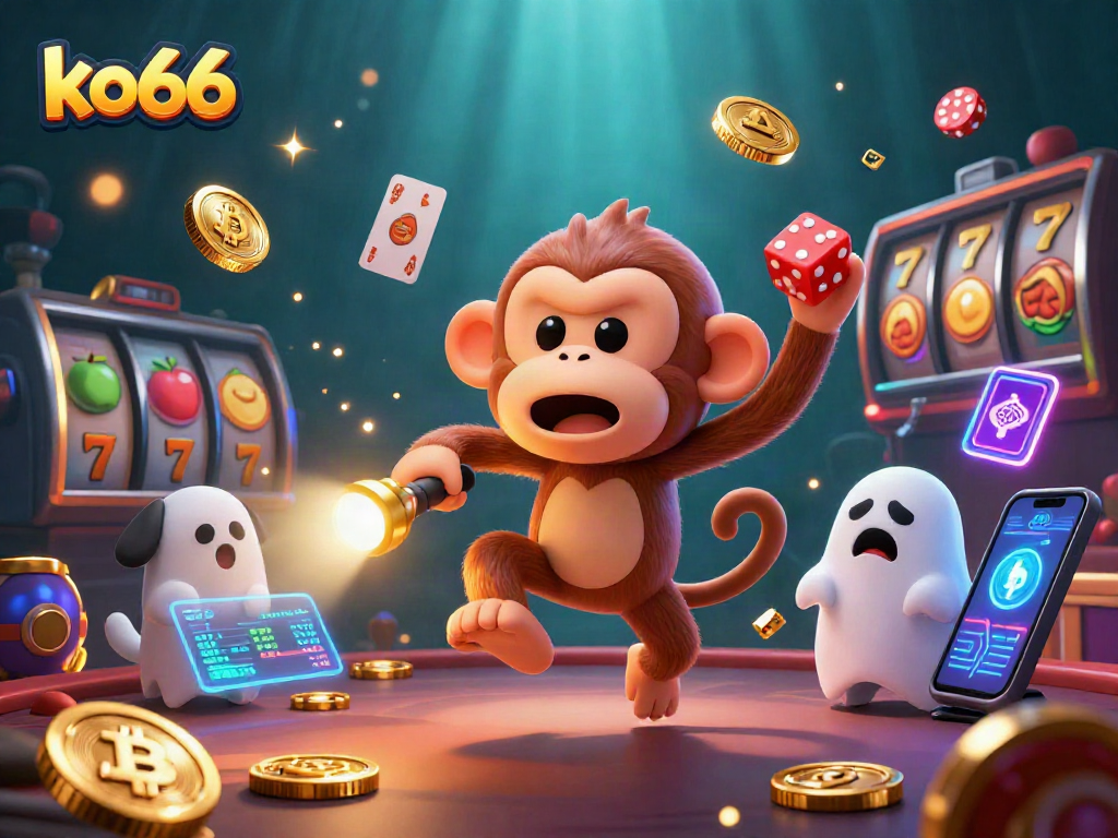 Experience the thrill of ko66 with a mischievous poltergeist monkey amidst glowing digital casino elements.